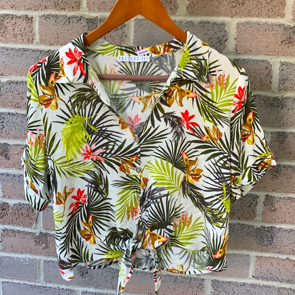Women’s Potter’s Pot Printed Rayon Mid-length Tie Up Blouse
